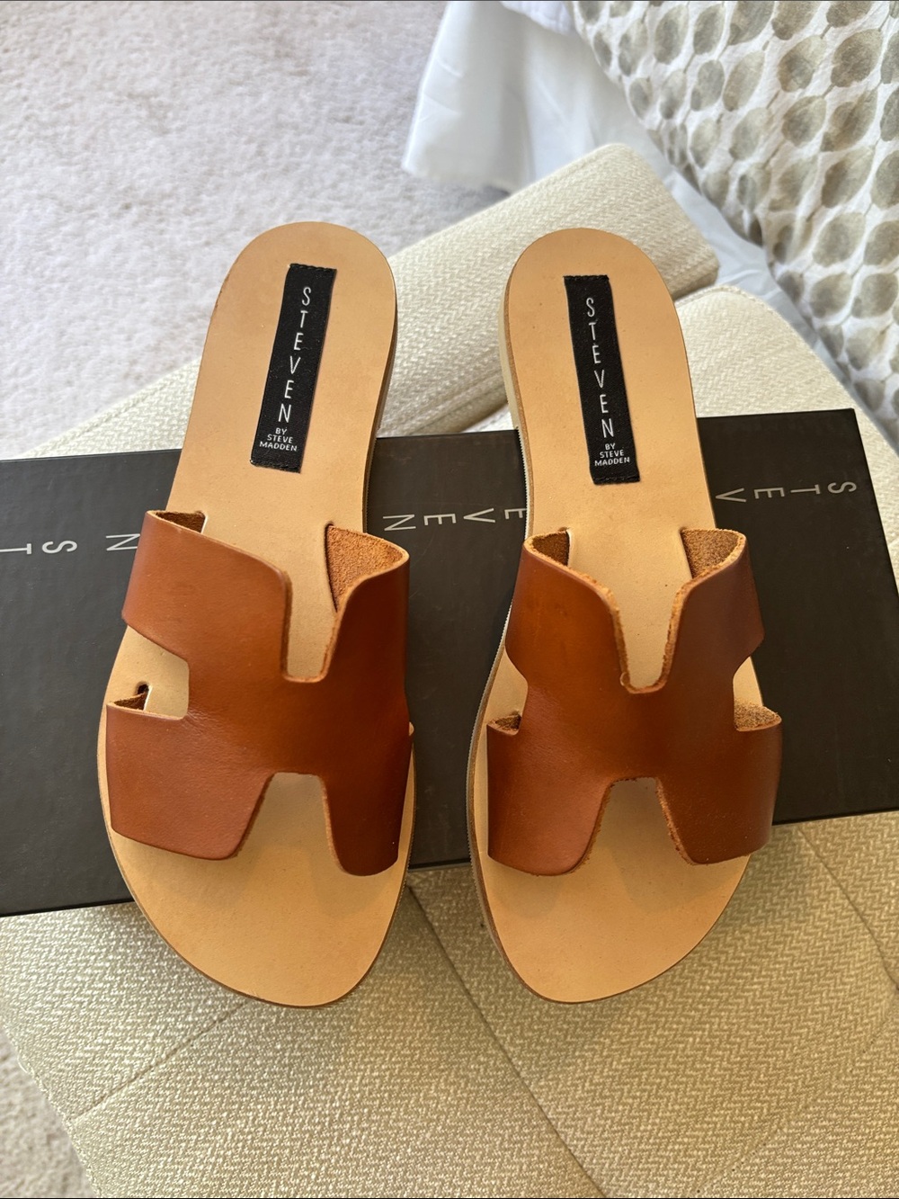 Steven by Steve Madden Tan Brown Leather Slide Sandals